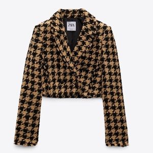 NWT NEW ZARA BLACK CAMEL TWEED HOUNDSTOOTH TEXTURED CROPPED JACKET BLAZER SZ L